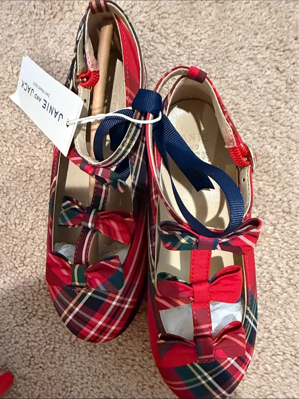 Janie and Jack Red Plaid Mary Jane Flats with Bow